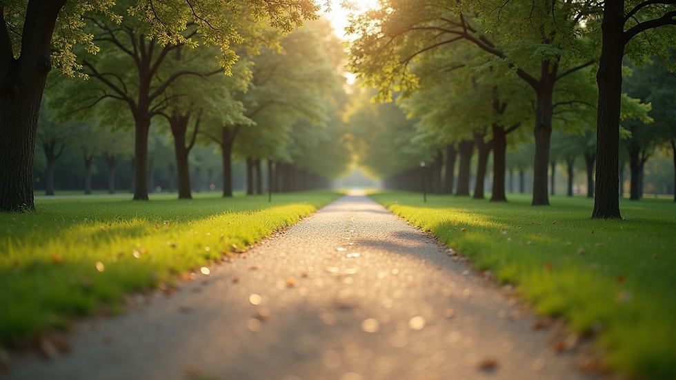 Eye-level view of a serene park with a walking path