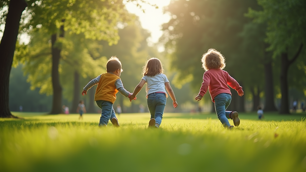 Eye-level view of children playing in a green park