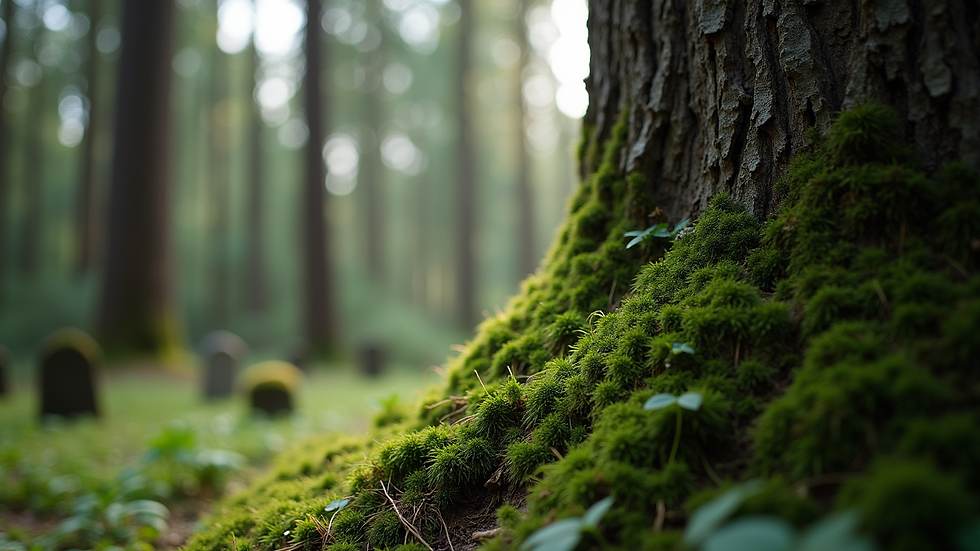 Close-up view of a tree trunk with moss in a serene forest cemetery