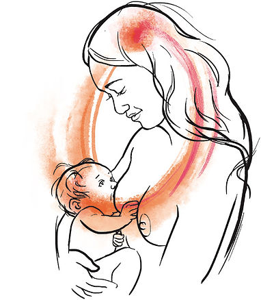 Ink illustration of a young mother breastfeeding her baby. A red and orange swirl from the mother to the baby shows the body, mind, spirit connection between them.