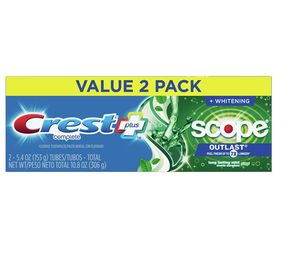 Crest + Scope Outlast Complete Whitening Toothpaste, Mint, 5.4 oz, Pack of 2