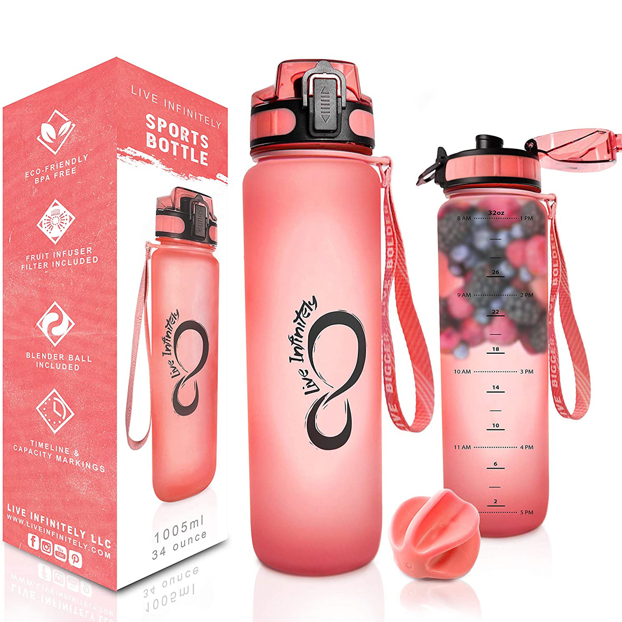 Live Infinitely Gym Water Bottle with Time Marker Fruit Infuser and Shaker 34 Oz
