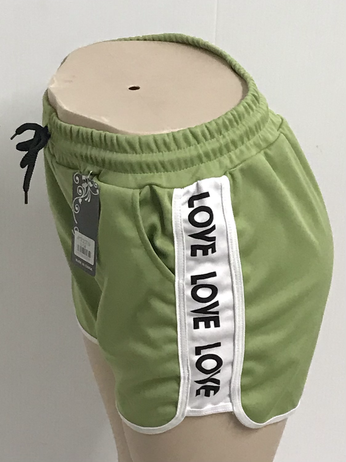 Army Green Drawstring “LOVE” Shorts with Pockets