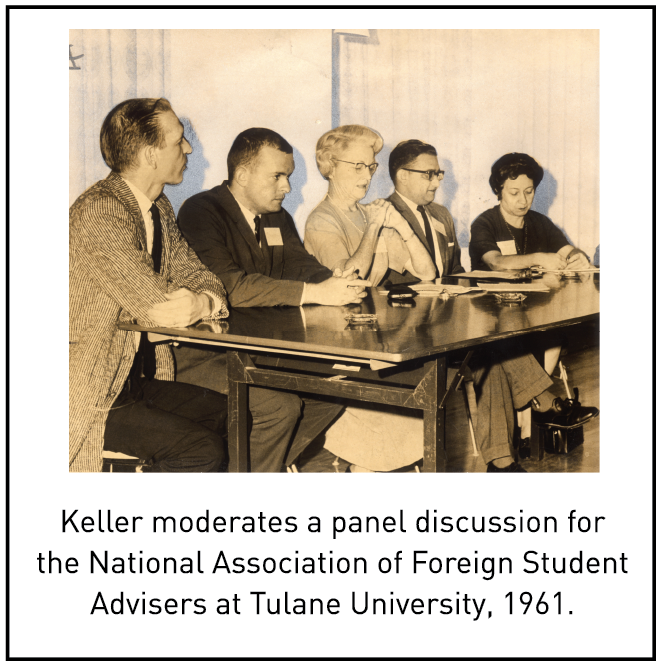 Keller moderates a panel discussion for the National Association of Foreign Student Advisers at Tulane University, 1961.