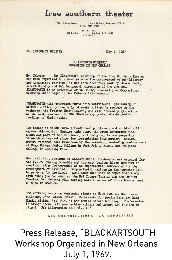 Press Release, “BLACKARTSOUTH Workshop Organized in New Orleans, July 1, 1969.
