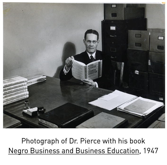 Photograph of Dr. Pierce with his book Negro Business and Business Education, 1947