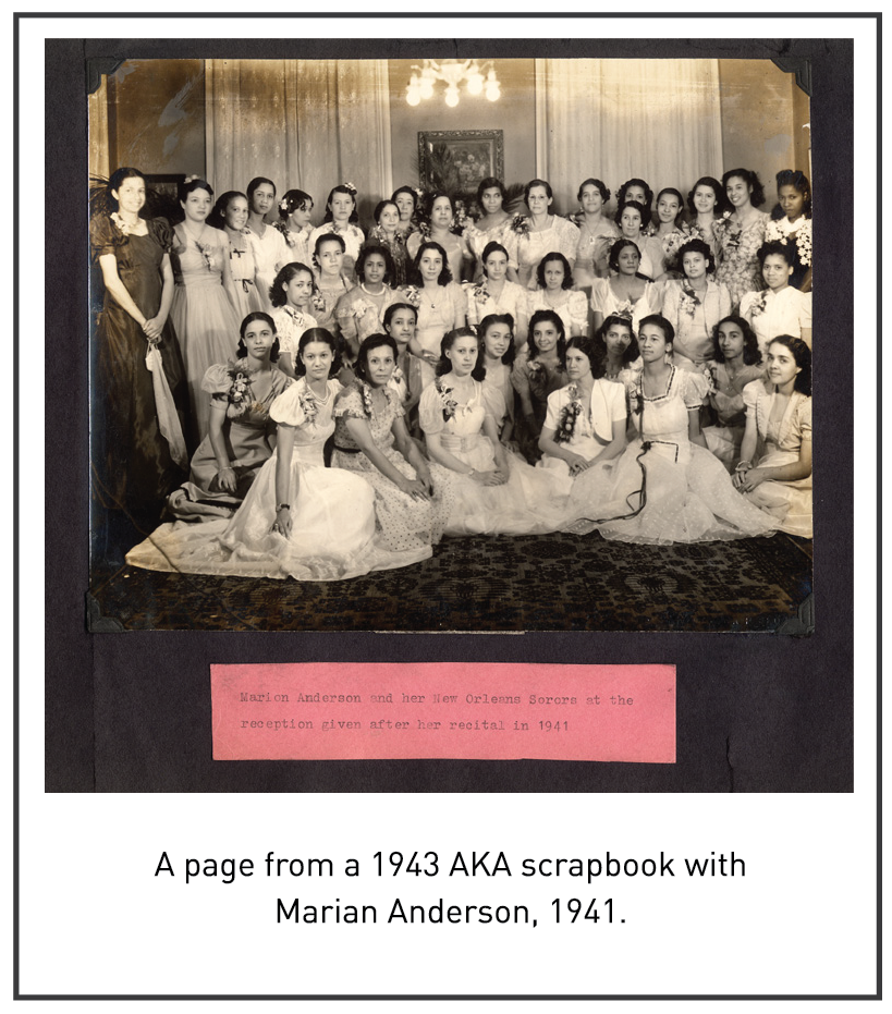 A page from a 1943 AKA scrapbook with Marian Anderson, 1941.
