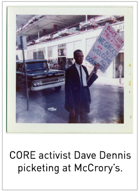 CORE activist Dave Dennis picketing at McCrory’s.