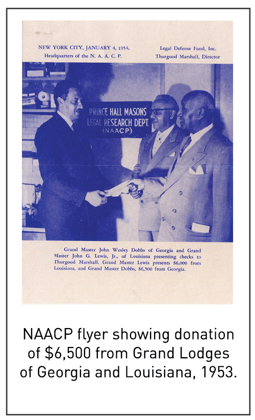 NAACP flyer showing donation of $6,500 from Grand Lodges of Georgia and Louisiana, 1953.