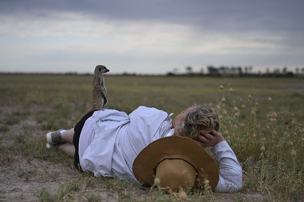 Meerkat on person's back in field, nature-based wellness in Botswana