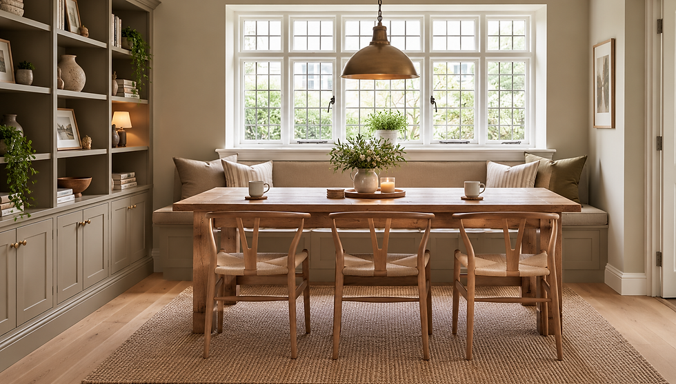 Eye-level view of a dining area with layered lighting and practical family storage