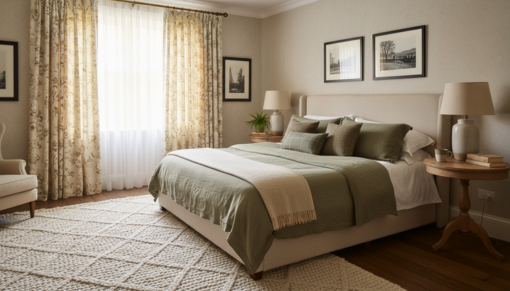 Wide-angle view of a cosy bedroom with carefully chosen curtains, rug, and bedside lighting