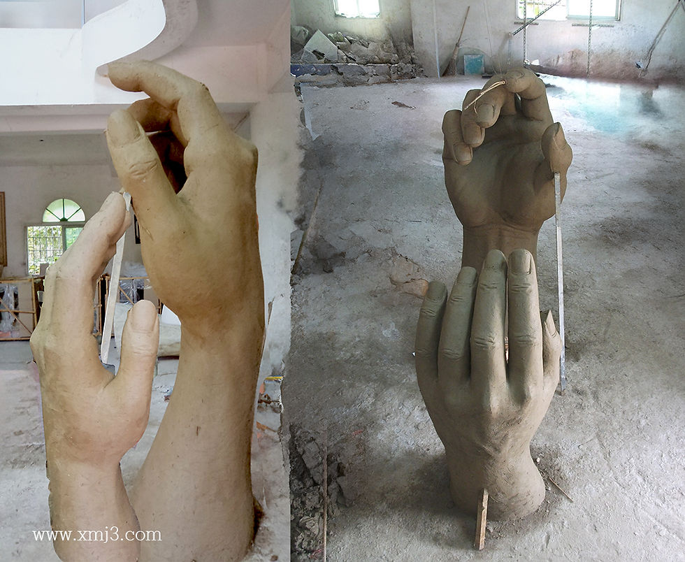 Clay model process for custom stainless steel hand sculpture