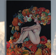 Even on the darkest night, when there is no light and no stars visible, you can still illuminate your path with the inner glow of your soul.
My favorite Ukrainian tradition is connected with the pumpkin. As in many nations, in Ukraine, the parents of the boy and girl could arrange a wedding without their consent, but if the girl did not like the young man, she could give him a pumpkin as a sign of refusal and then the wedding was canceled. So a Ukrainian woman could always choose her own destiny.
Details:
* Title: “Pumpkin”
* Artist: Tetiana Bogdanova
* Size: 39,37*31,5*1 inch (100*80*2 cm)
* Oil painting on canvas
* 2026
