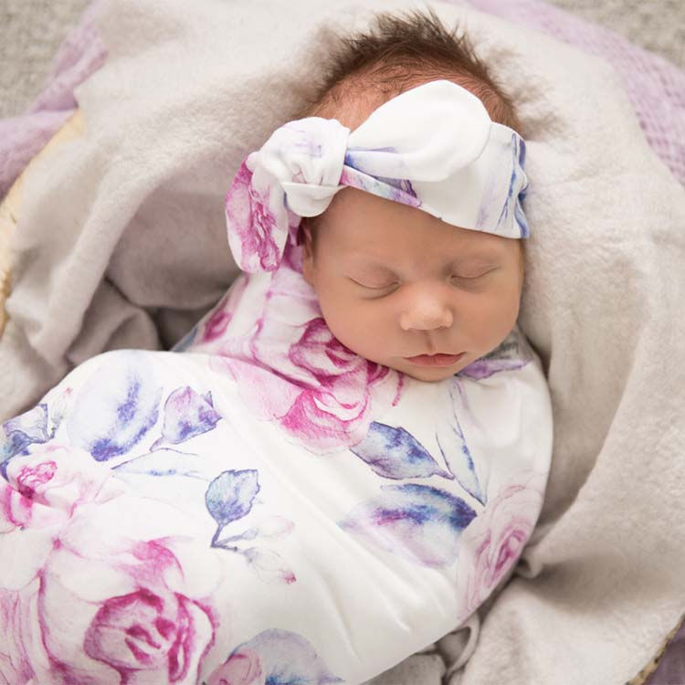 Thumbnail: Lilac Skies - Baby Jersey Wrap & Topknot Set
