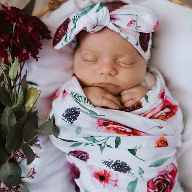 Thumbnail: Peony Bloom - Baby Jersey Wrap & Topknot Set