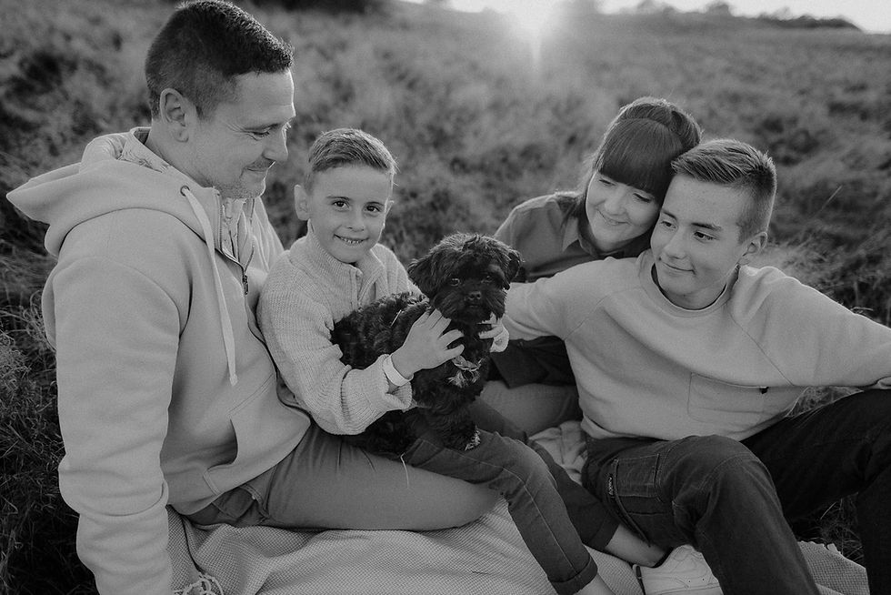 Familie spielt mit ihrem Hund auf einer Decke im Grünen. Fotograf für innige Familienshootings in Greifswald.