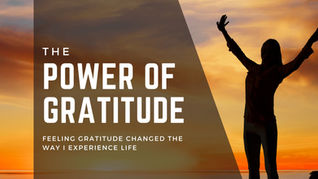 Silhouette of person with arms raised against a sunset sky. Text reads "The Power of Gratitude" and "Feeling gratitude changed the way I experience life."