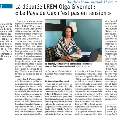 Le Dauphiné libéré : la députée LREM Olga Givernet "Le Pays de Gex n'est pas en tension"