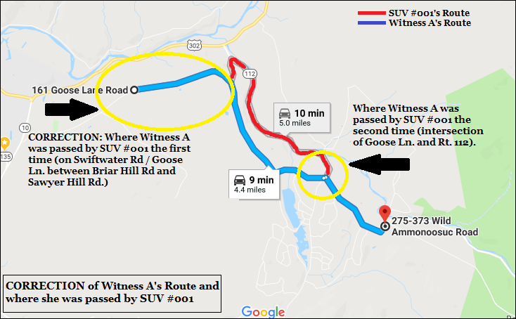 Witness A's Route and where she saw SUV #001 - CORRECTION