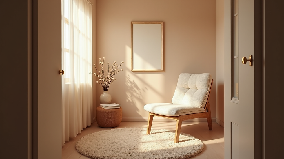 Eye-level view of a cozy therapy room with a comfortable chair and soft lighting