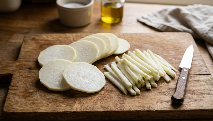 Close-up view of peeled kohlrabi slices on a wooden cutting board.