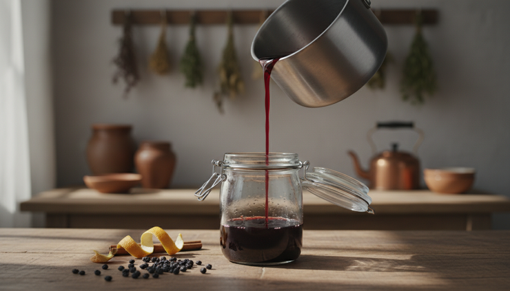 Eye-level view of elderberry syrup being poured into a small glass jar.
