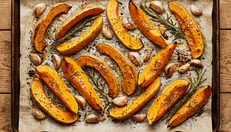 Overhead view of roasted Long De Nice squash wedges on a sheet pan