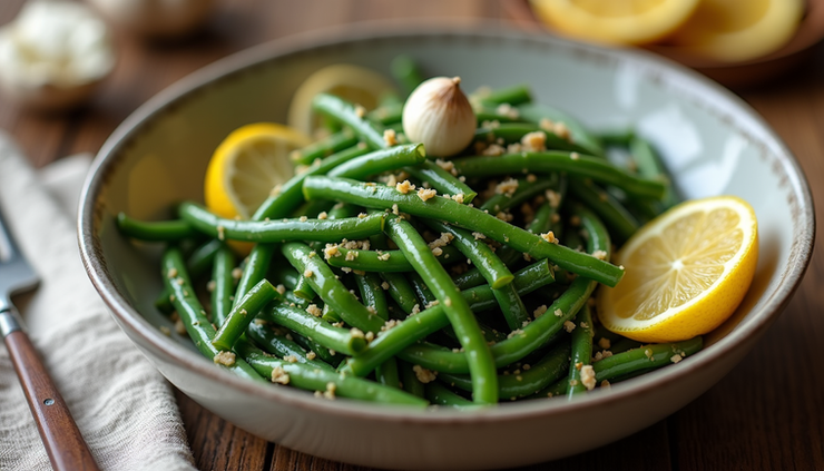 High angle view of sautéed string beans with garlic and lemon in a serving bowl