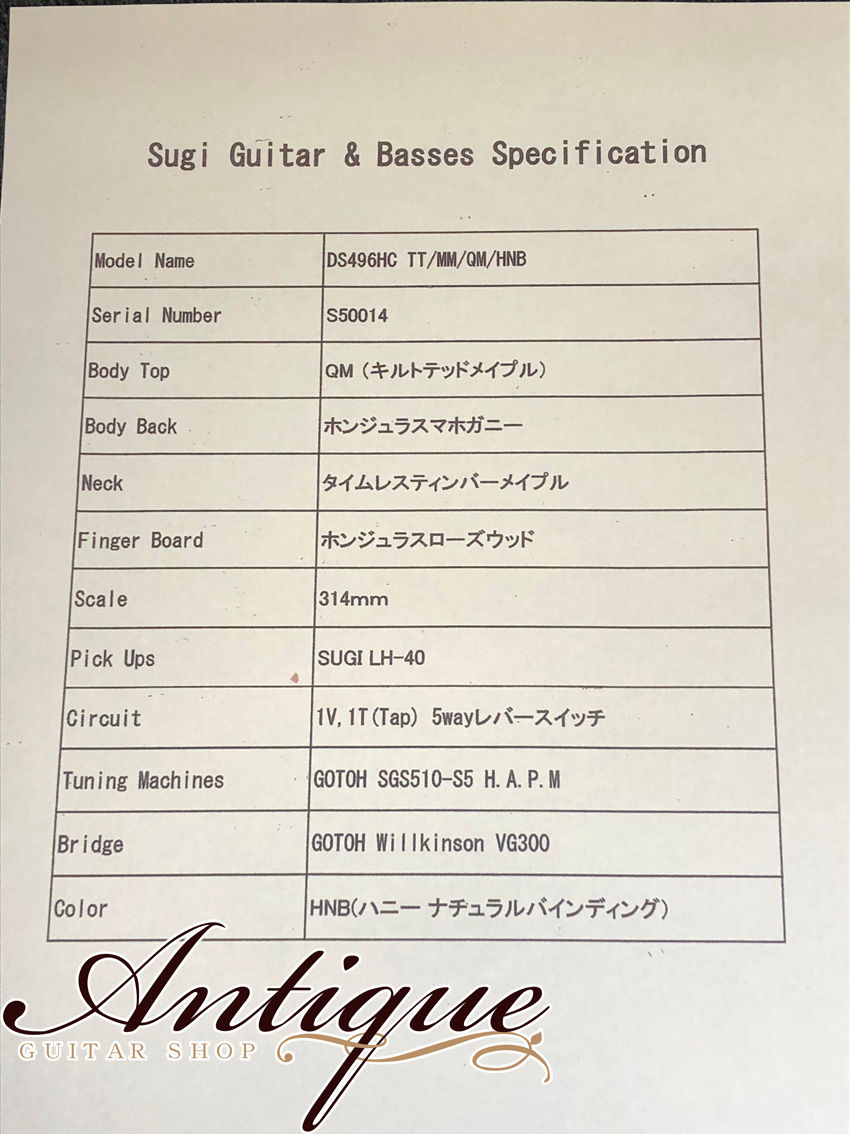 サムネイル： Sugi Guitars DS496HC 05‘年製 TT/MM/QM/HNB w/ Matching Quilt Head
