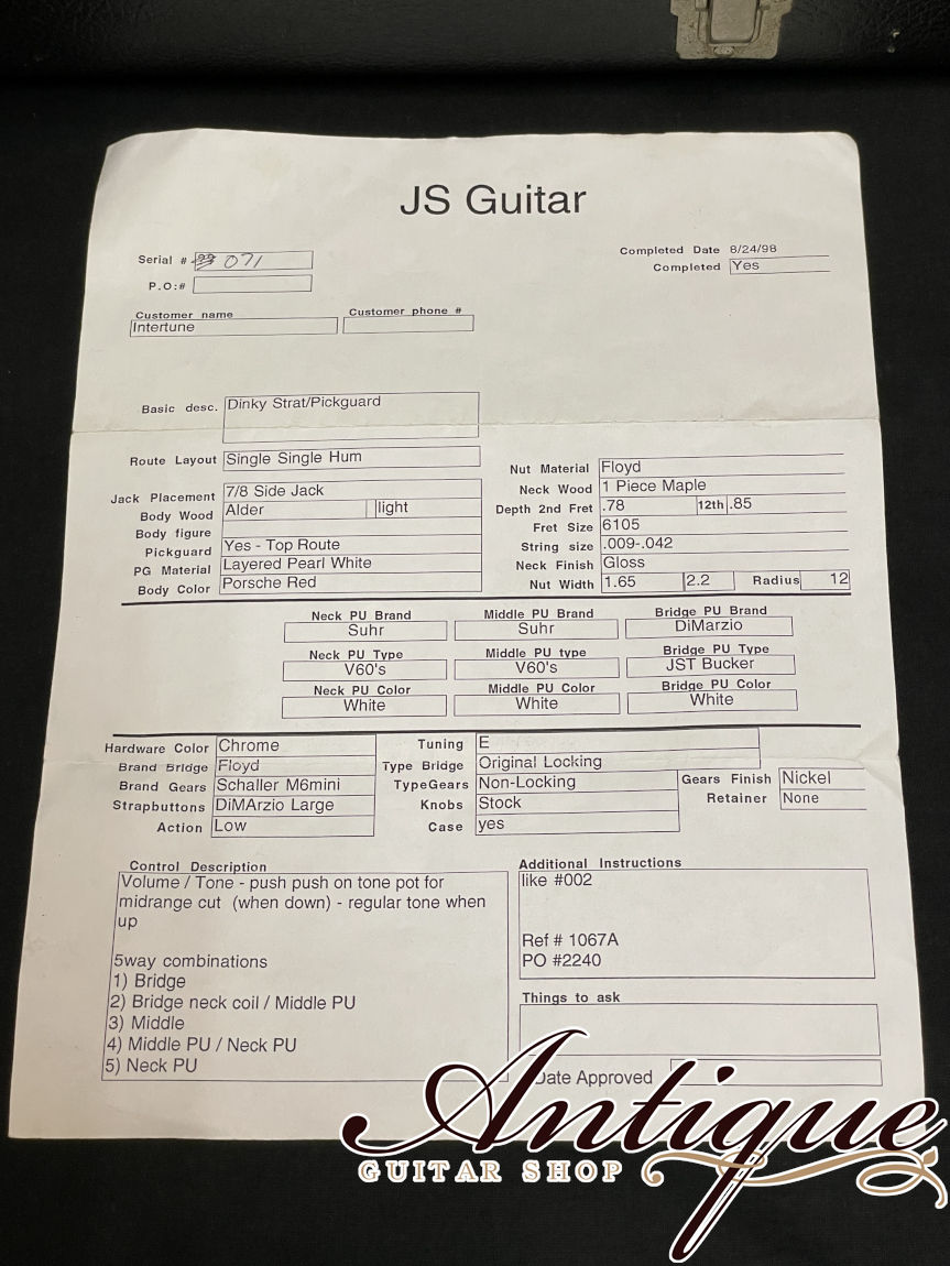 サムネイル： JS Guitar (John Suhr Guitar) Custom Order Strat 1997 “First Suhr Custom #071”