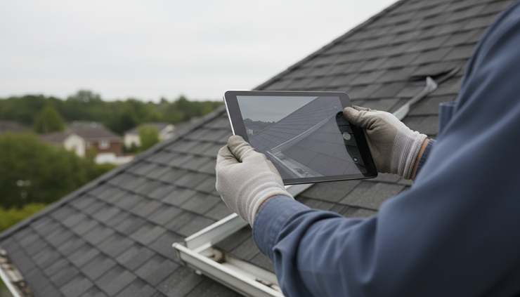 Close-up view of a tablet capturing roof damage photos