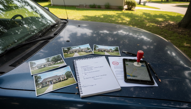 Overhead view of inspection notes and property photos on a vehicle hood