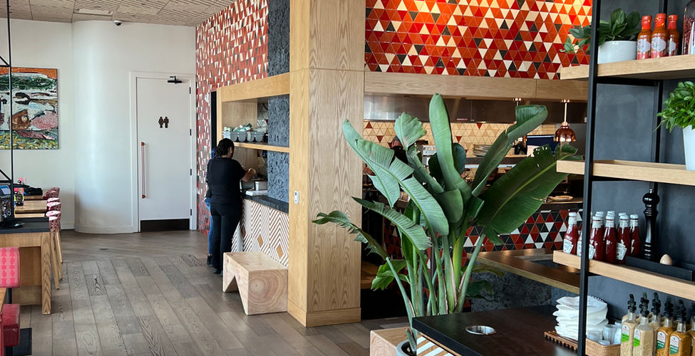 Modern restaurant interior with plants, patterned tiles, and shelving