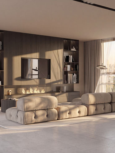Luxe loft interieur in Rotterdam met maatwerk wandkast, haard en organische designbank.