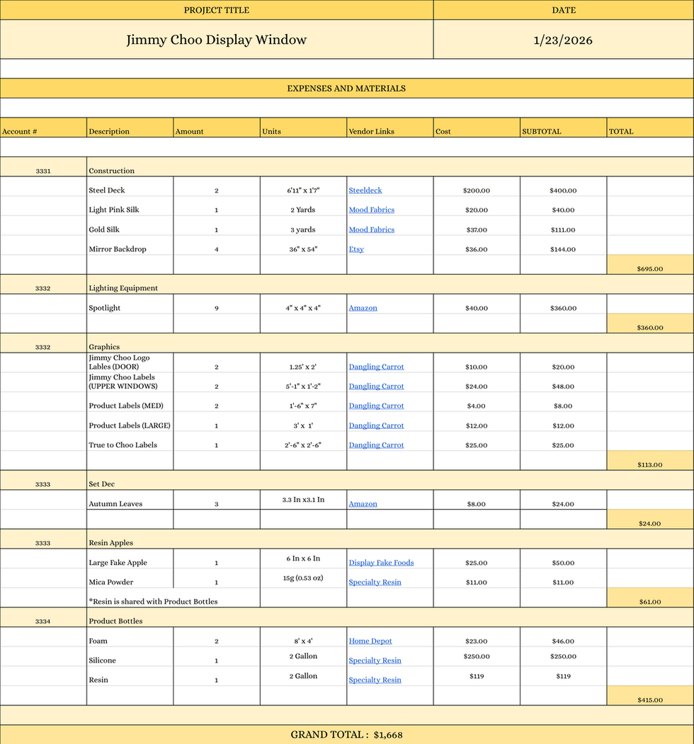 Budget Sheet for fall window