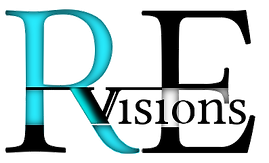 REvisions
the word
RE
Visions
Re is larger and in the background
R is light blue and black and E is black
Visions is in black across the center
