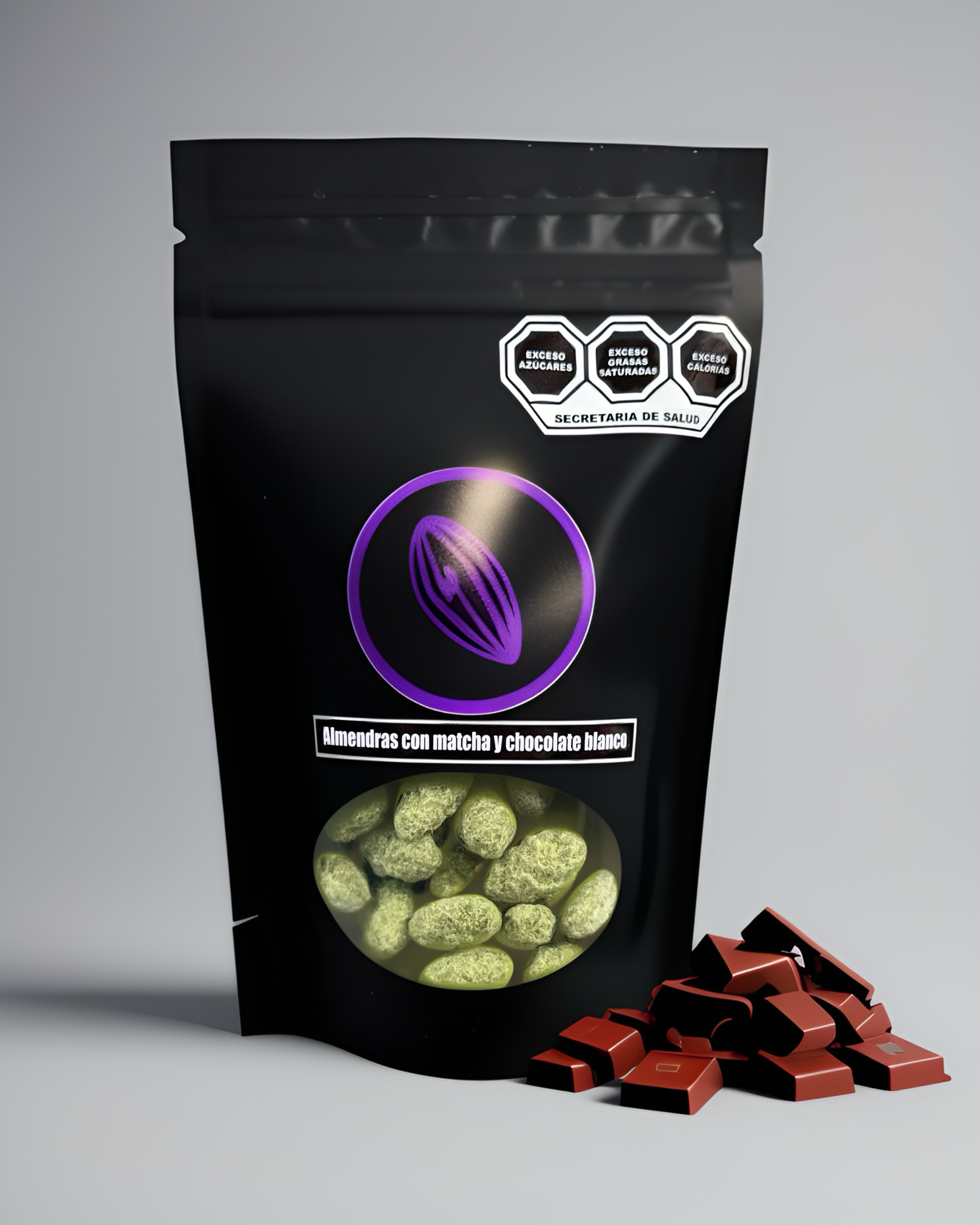 Almendras con matcha Japonesa y chocolate blanco.