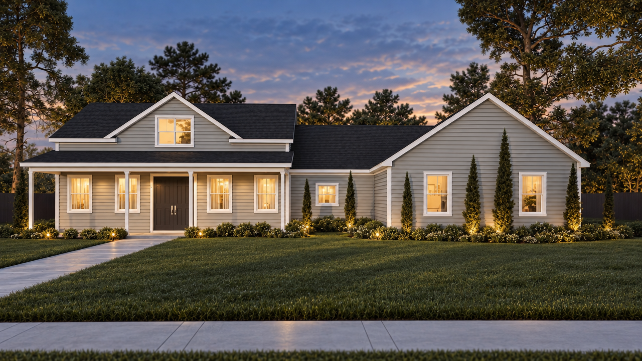 The Marion Oaks home plan exterior rendering at dusk by Quality Family Homes in Florida & Georgia