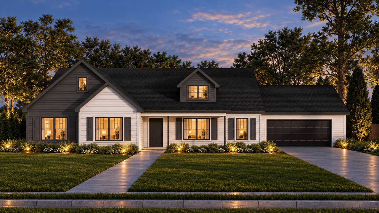The Branford Modern Farmhouse home plan exterior rendering at dusk by Quality Family Homes in Florida & Georgia