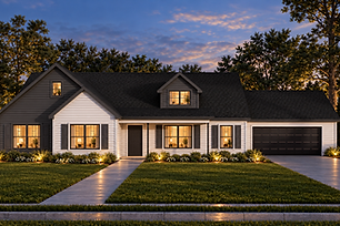 The Branford Modern Farmhouse home plan exterior rendering at dusk: 3 bedroom, 2 bath, 1,868 SF single-story family home by Quality Family Homes in Florida & Georgia
