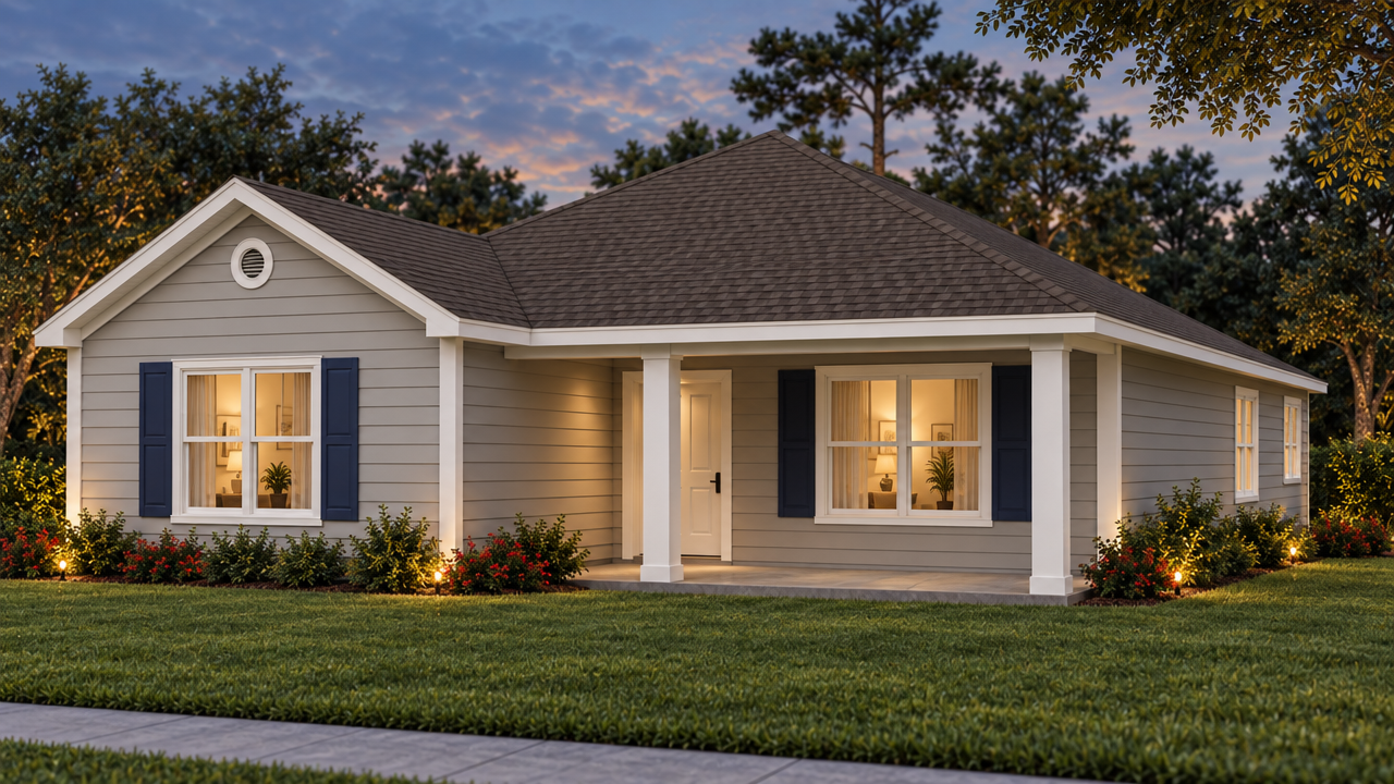 The Hawthorne home plan exterior rendering at dusk by Quality Family Homes in Florida & Georgia