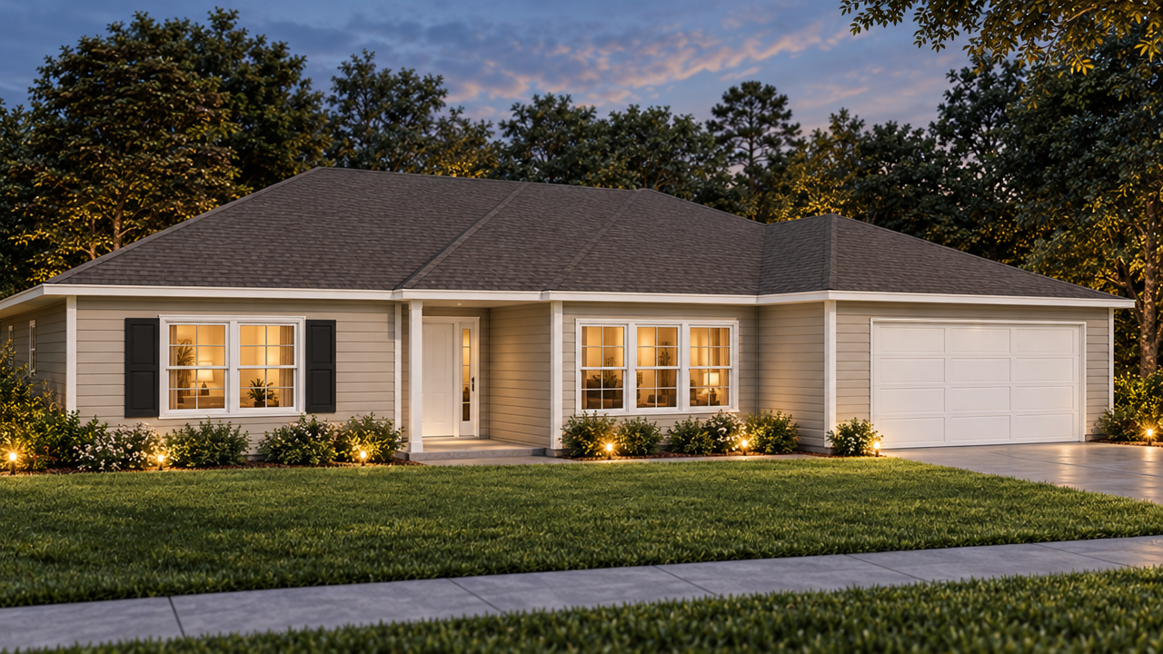 The Clermont home plan exterior rendering at dusk by Quality Family Homes in Florida & Georgia