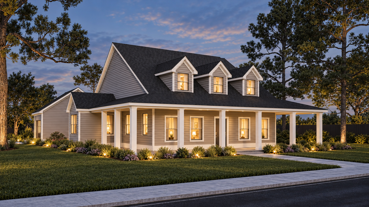 The Micanopy home plan exterior rendering at dusk by Quality Family Homes in Florida & Georgia