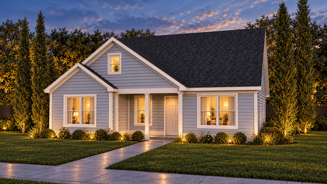 The Athens 3 home plan exterior rendering at dusk by Quality Family Homes in Florida & Georgia