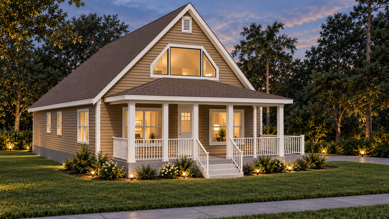 The Highlands home plan exterior rendering at dusk by Quality Family Homes in Florida & Georgia