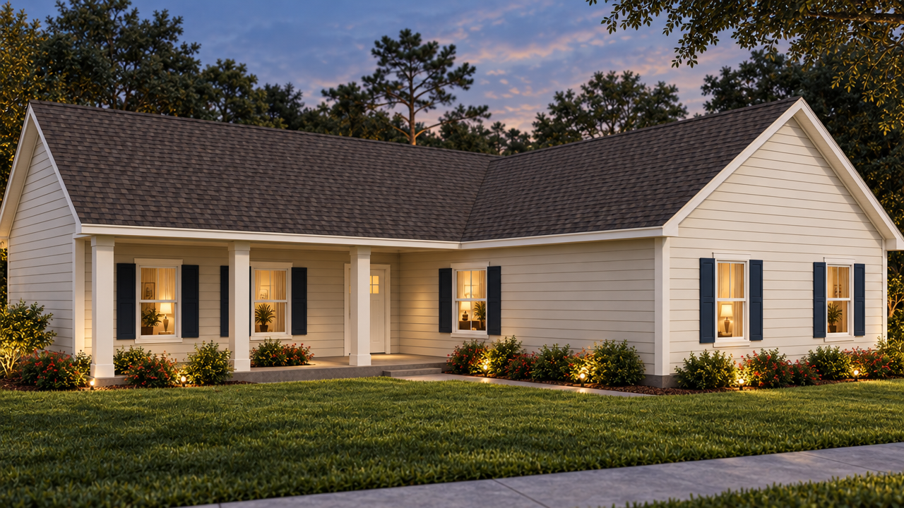 The Lloyd home plan exterior rendering at dusk by Quality Family Homes in Florida & Georgia