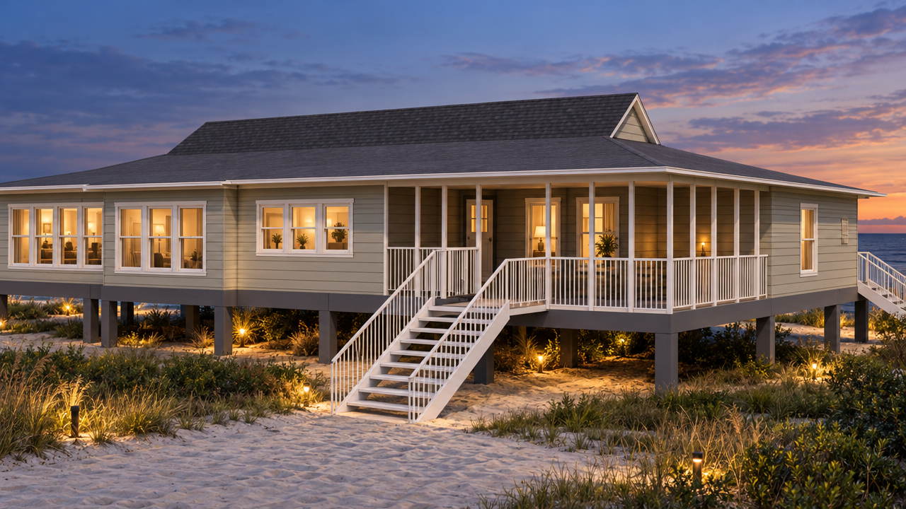 The Cedar Key home plan exterior rendering at dusk by Quality Family Homes in Florida & Georgia