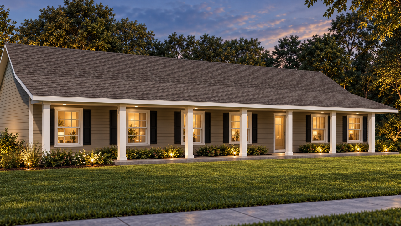 The Whigham home plan exterior rendering at dusk by Quality Family Homes in Florida & Georgia