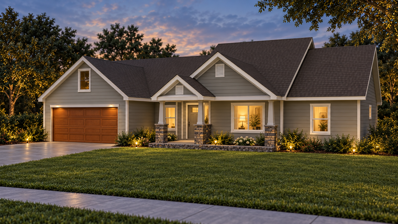 The Graceville home plan exterior rendering at dusk by Quality Family Homes in Florida & Georgia